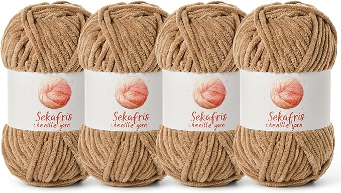 4 Pack Chunky Chenille Yarn for Crocheting, Baby Yarn for Crocheting Soft Blanket, 349.9 yds /14.1 oz Crochet Yarn, Bulky 5 Amigurumi Yarns, Fluffy Velvet Yarns for Knitting Crafts (4 Deep Khaki)