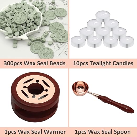 Wax Seal Beads Kit - 300pcs Sage Green Sealing Wax Beads with Wood Melting Warmer, Spoon & 10 Mini Candles for Stamp Seals, Wedding Invitation, Envelope, Cards, Gift Wrapping Decorations