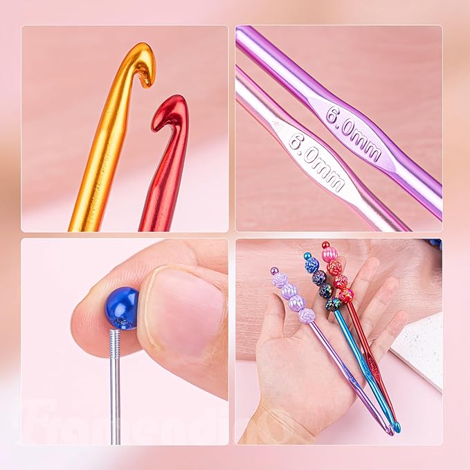 Framendino, 6 Pack Beadable Crochet Hooks 6 mm Aluminum Knitting Needles Set for Crocheting Yarn 6 Colors