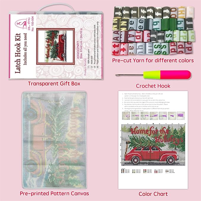 DL-YTG Latch Hook Kits Rug Christmas Car Crochet Yarn Cushion Colour Pre-Printed Canvas Cover Rug Needlework DIY Hook and Latch Kit Home Decoration 25x16in/62X40CM