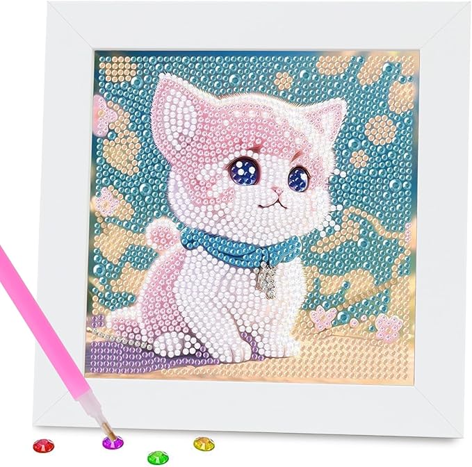 PERFECTSIGHT Cute 5D Diamond Art Kits with Wooden Frame, Kawaii DIY Painting Art for Adults Teen, Diamond Arts and Crafts Sets, Big Gem Full Drill Diamond Dots for Women Beginners (White+Pink Cat)