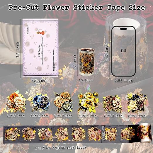 Gold Foil Floral Stickers for Scrapbooking, 6 Rolls Vintage Flower Die Cut Stickers Transparent PET Tape Set for Junk Journal Supplies, Collage, DIY Crafts Arts Decorative