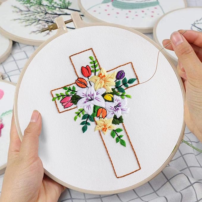 louise maelys cross lily embroidery kit canvas tote bag for beginners,cross stitch kits for adults,diy crafts needlepoint include easter jesus pattern,women shopping reusable grocery bags