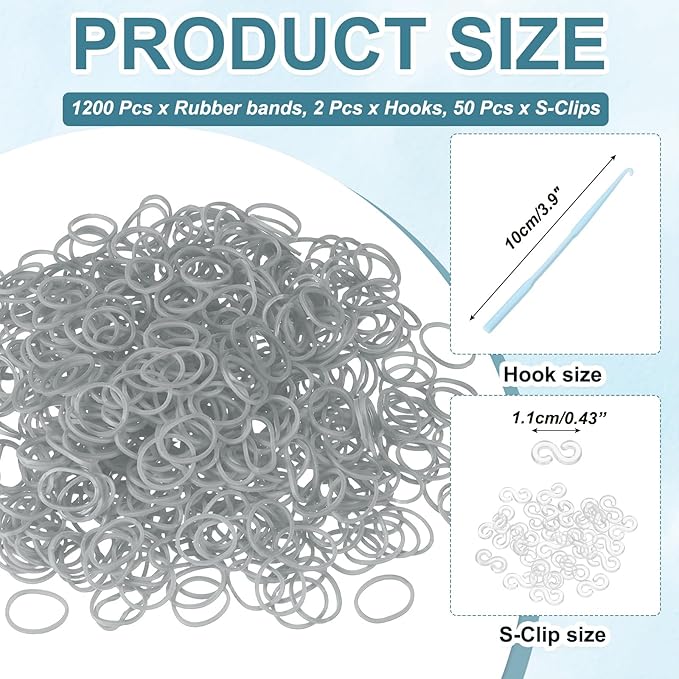 MECCANIXITY 1200 Pcs Loom Rubber Bands Kit with 50 Pcs S-Clips 2-Hooks Rubber Bands Refill Bracelet Making Kits for Weaving DIY Handcrafts Gift, Gray