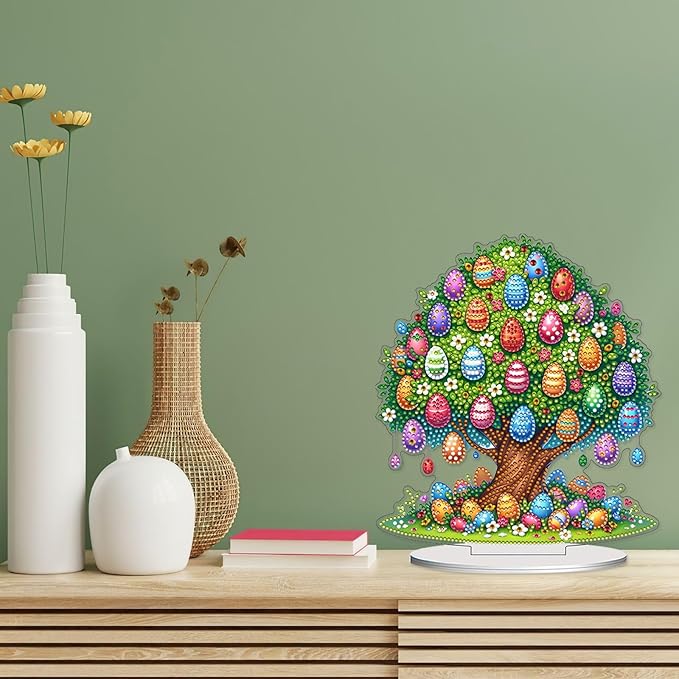 VODAPYC Easter Diamond Art Tabletop, DIY Stand Up Double Sided Special Shaped Partial Diamond Art Desktop Ornaments for Home Decor(Easter Egg Tree of Life)