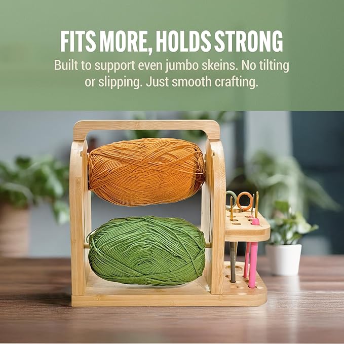 Yarn Holder for Crochet Accessories – Durable Bamboo Wood Knitting Accessories Yarn Storage Organizer with Built-in Phone Stand – Tangle-Free Dual Rods and Tool Holder – Works with Skein, Cake, Ball