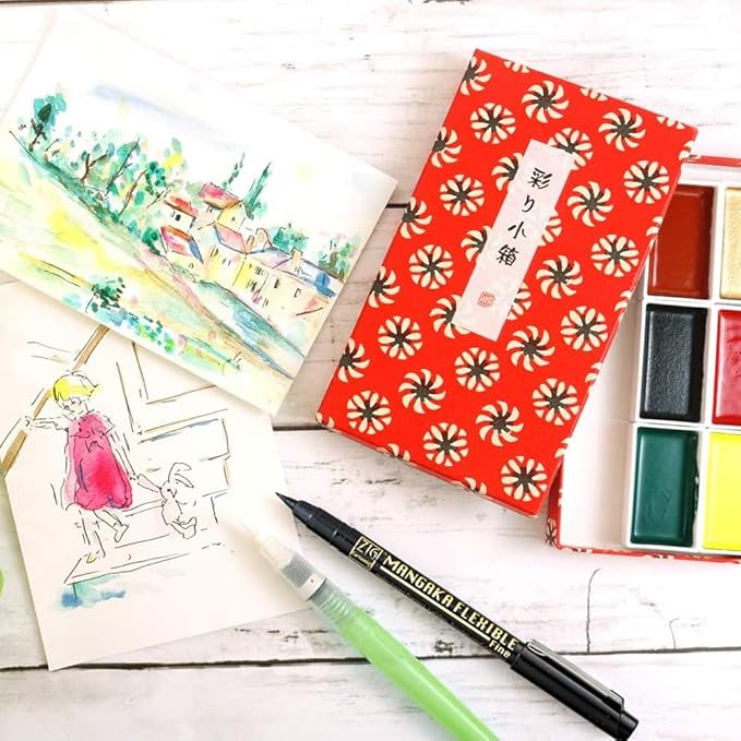 Kuretake IRODORI KOBAKO Red, Watercolor paint set with Waterbrush and MANGAKA Black pen 0.1mm, Professional-quality for artists, Made in Japan