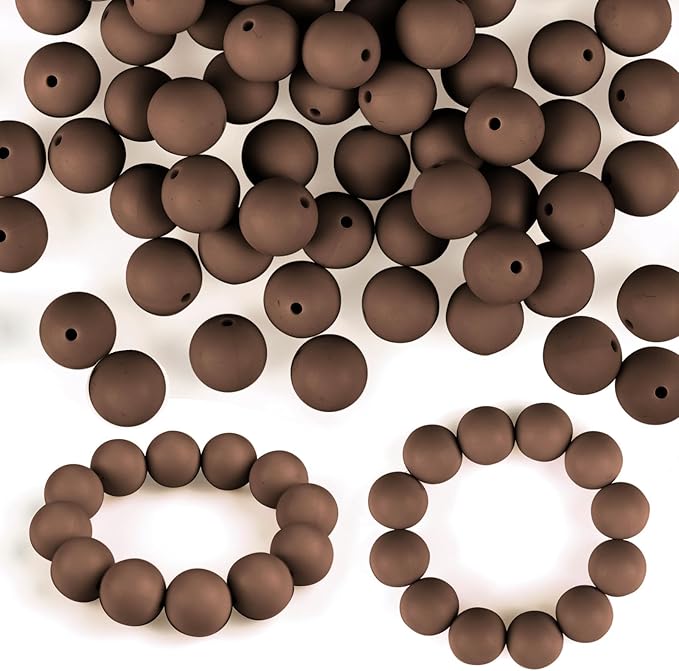 ASTARON 100 Pcs 15mm Silicone Beads for Keychain Making, Coffee Brown Round Rubber Beads for Bracelets Beadable Pens Decorations Crafts Making Party Favours Supplies