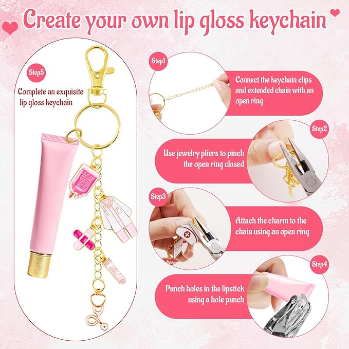 254 Pcs Medical Nurse Lip Gloss Keychain Charms Making Kit Include Assorted Stethoscope Enamel Charms Keychain Clips Extender Chains Jump Ring Plier DIY Jewelry Craft Gifts for Women Adults