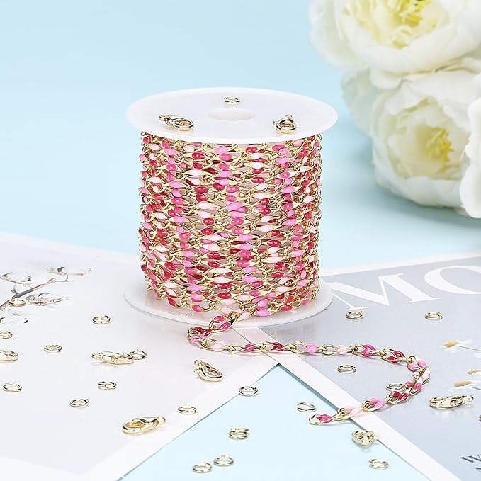 YOUBEIYEE Rose Pink Enamel Cable Chain for Jewelry Making Gold Plated Brass Jewelry Chain Roll with Jump Rings and Lobster Clasps