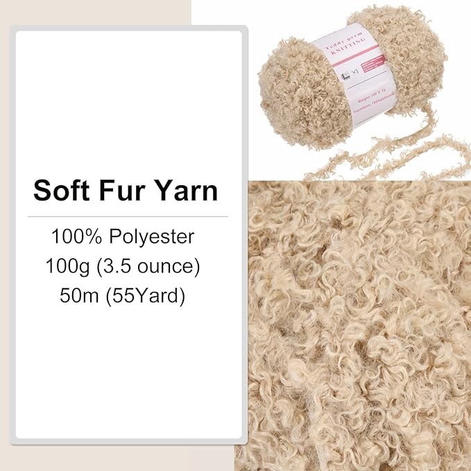 MECCANIXITY Fur Yarn Soft Fluffy Chunky Yarn Fuzzy Eyelash Yarn Light Brown for Crocheting Knit Clothes Bag - 55Yard/50m, 3.37ozx1
