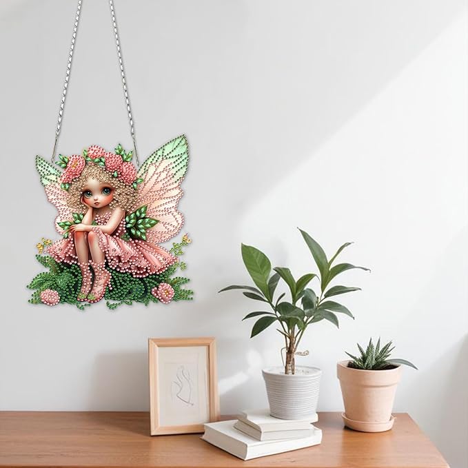 NAIMOER Diamond Art Hanging Kits for Adults Flower Fairy 5D Special Shaped Rhinestone, DIY Acrylic Diamond Art Painting Window Pendants Home Garden Wall Hanging Ornament Kits, Double Sided