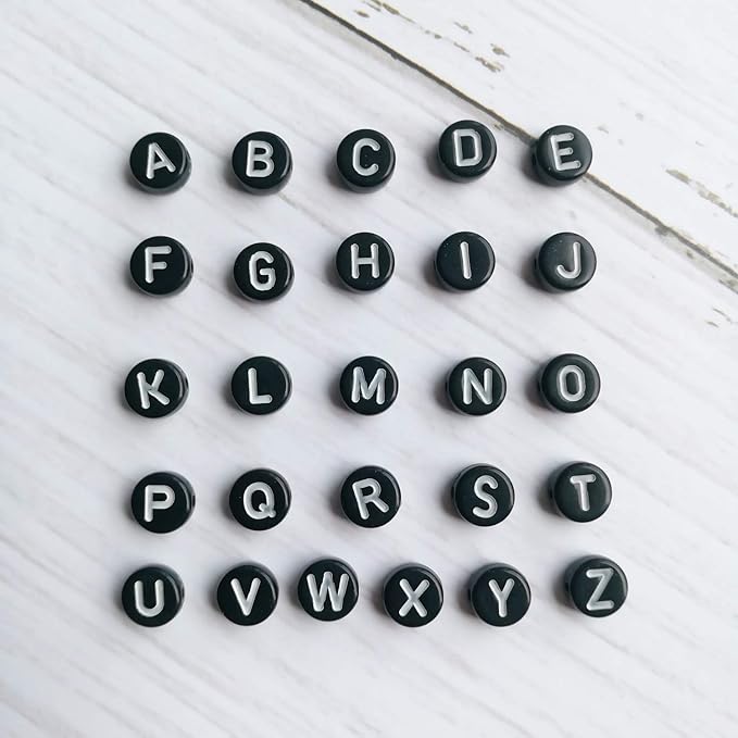 Amaney 1200pcs 7×4mm Black Round Acrylic Alphabet Letter Beads for Jewelry Making Bracelets Necklaces Key Chains Each Letter Included