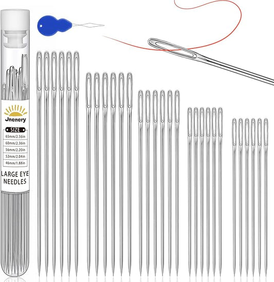 30 PCS Large Eye Sewing Needles, 5 Size Hand Sewing Needles, Leather Embroidery Thread Needle, Stainless Steel Yarn Knitting Quilting Needle with Threader for Crafts, Repair
