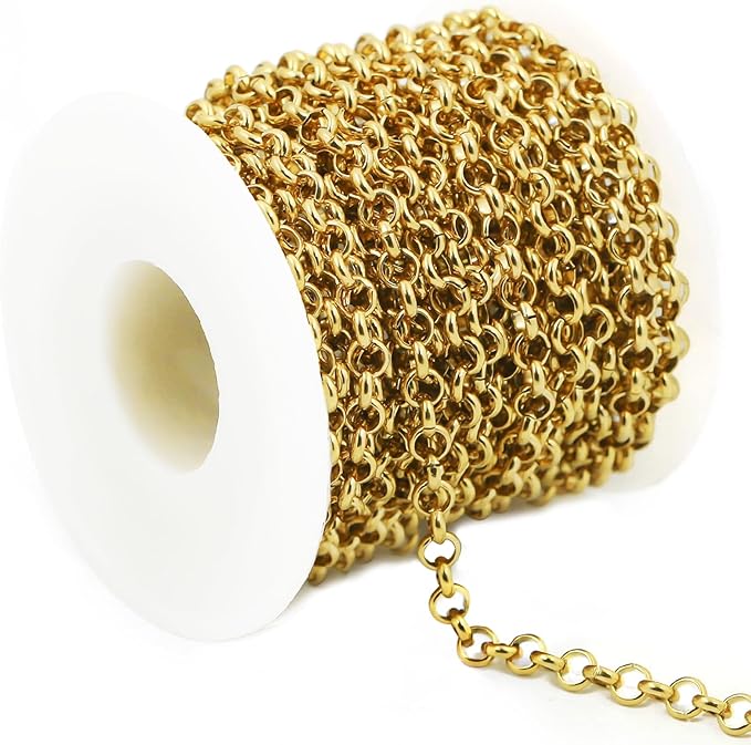 UniCrena 6mm Gold Rolo Chain Jewelry Making Supplies - 9.8ft 3m Link Chain Bulk for DIY Bracelet Hat Chains Decoration