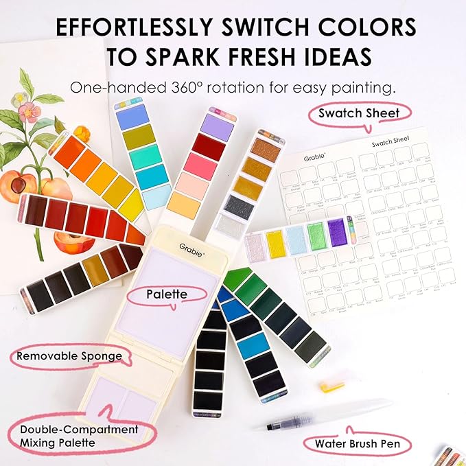 Grabie Watercolor Paint Set, 56 Colors Handheld Watercolor Set of Water Brush Pen, Palette and Removable Sponge, Portable Watercolor Paint for Artist Beginner and Professional