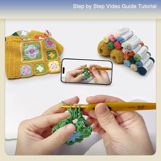 Noocro Granny Square Scarf Crochet Kit – Complete Yarn Kit with Crochet Hook, Markers, and Other Accessories, Detailed Instruction & Video Tutorial – for Intermediate or Ambitious Beginners