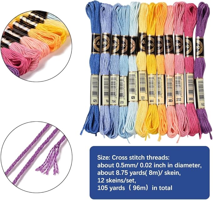 12 Skeins 105 Yards Variegated Embroidery Thread Floss Cross Stitch Threads 6 Strands Colorful Friendship Bracelet String Threads for Jewelry Making Bracelet Knitting Stitching Craft Supply