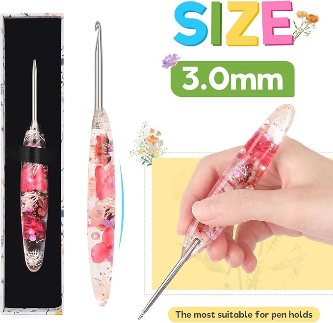 Katech 3.0mm Crochet Hook for Arthritic Hands, Hand-Polished Stainless Steel Ergonomic Crochet Hooks with Customized Sparkle Dried Floral Grip, Soft Tapered Hook-Crochet Gift for Beginner & Crocheter