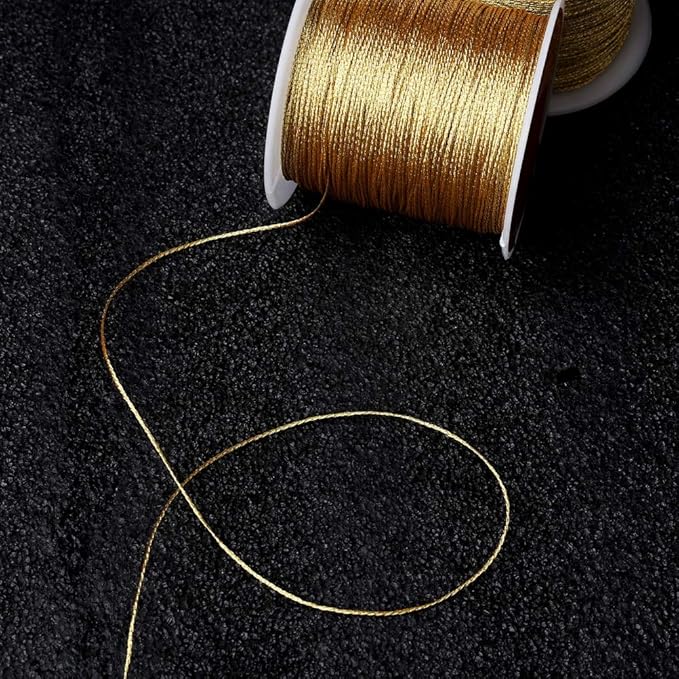 Pengxiaomei 218 Yards/656 Feet Metallic Cord Gold Twine, 2 Spool Gold Thread String for Bracelet Making Jewelry Making Thread Gold Craft String Tinsel String Craft Making Cord(0.5mm)