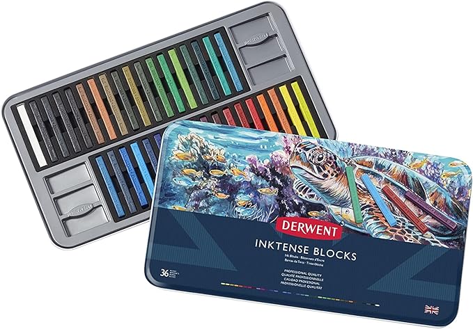 Derwent Inktense Blocks 36 Tin, Set of 36, 8mm Block, Soft Texture, Watersoluble, Ideal for Watercolor, Drawing, Coloring, Crafts and Painting on Paper and Fabric, Professional Quality (2301979)