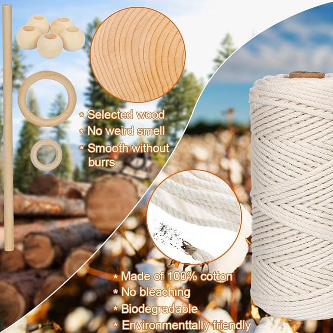 UHAPEER Macrame Kits for Adults Beginners, DIY Macrame Plant Hanger Kit and Macrame Supplies, with 3 mm Macrame Cord Cotton, Macrame Meads, Wooden Rings, Dream Catcher Rings, Craft Kits for Adults