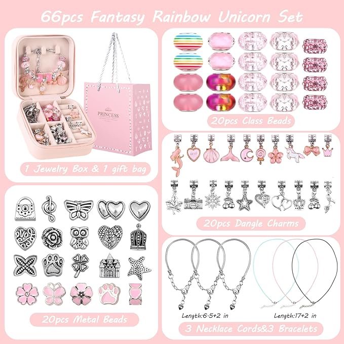 UFU Charm Bracelet Making Kit, Jewelry Making Kit Craft Gift for Girls 5 6 7 8-12, A Sweet Birthday Gift to Inspire Imagination & Creativity, with Portable Jewelry Box