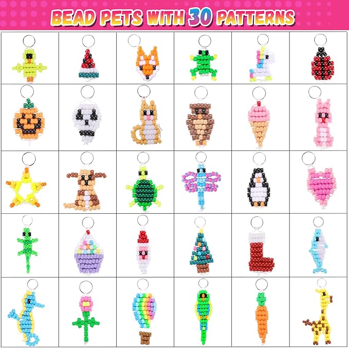 Funtopia Beads for Crafts, Pony Beads Keychain Making Kit, Bead Pets Art Crafts for Kids Beginners, Birthday Party DIY Craft for Girls Boys (1500 Bead, 30 Designs)