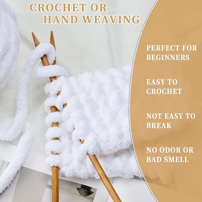 Chunky Chenille Yarn for Crocheting/Arm Knitting, Super Soft Jumbo Knit Blanket Yarn White 8 Pack (32 yds, 8.5 oz Each Pack)