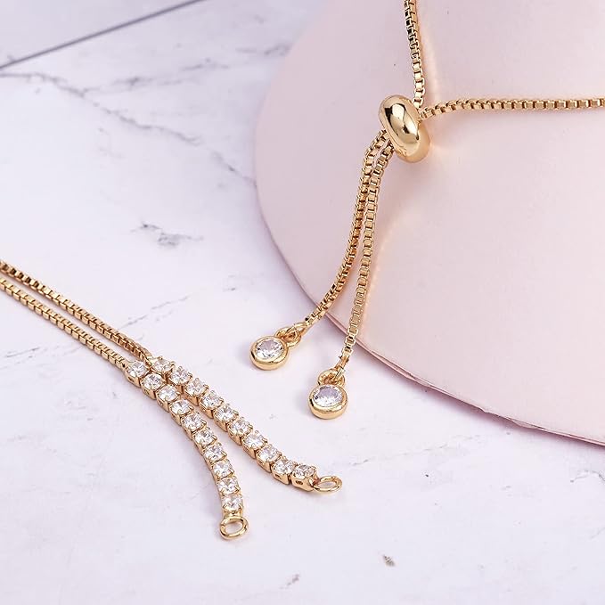 FASHEWELRY 10 Strands Adjustable Brass Bracelet Slider Extender Chains Micro Pave with Cubic Zirconia Ends 11"(280mm) Golden Plated for DIY Jewelry Making