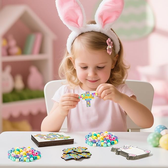 BeYumi Easter Necklace Craft Kit - 24Pcs DIY Easter JESUS IS RISEN Wooden Cross Pendant Beads Necklace Making with Bunny Greeting Card Christian Religious Gift Kids Church School Classroom Party Favor