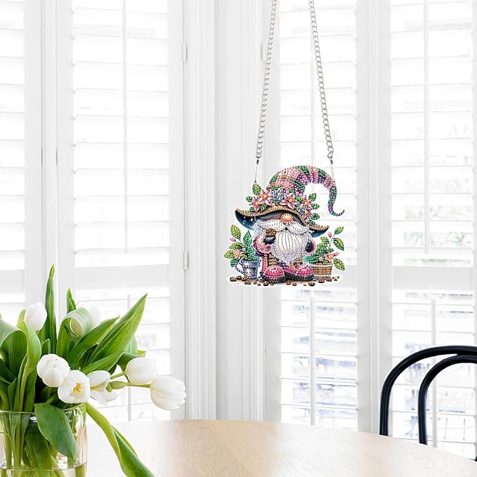 Tontut 5D DIY Diamond Art Painting Pendant kit, Flower Bed Dwarf Special-Shaped Hanging Crystal Window Pendant kit, Adult Gift Home Curtains, Yard Entrance Decoration