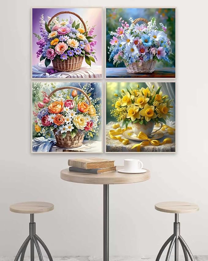 askkqtx 4 Pack Flowers Diamond Art Kits for Adults, Floral Basket Diamond Painting Kits for Beginners, DIY 5D Round Full Drill Crystal Diamond Dots Rhinestone Gem Art Craft Home Decor 12x12 Inch