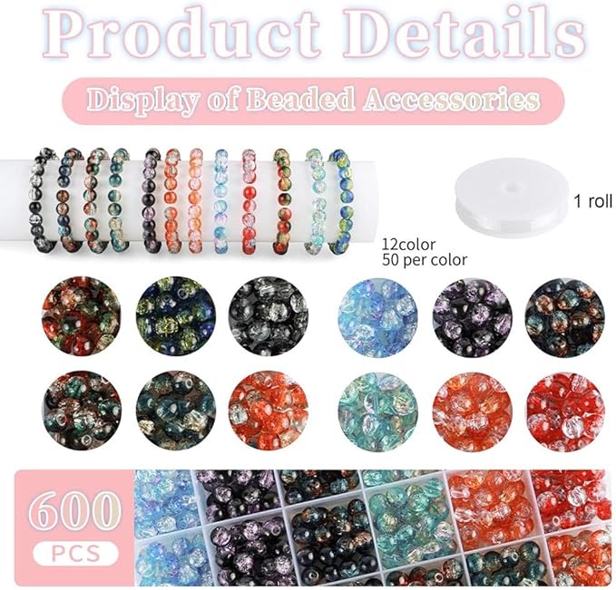 C MY 600pcs 8mm Crackle Glass Beads for Bracelet Jewelry Making Kit with 1 Roll Crystal Elastic Cord, 12 Colors Crystal Glass Beads for DIY Craft Friendship Ankle Necklace Earring Jewelry Making