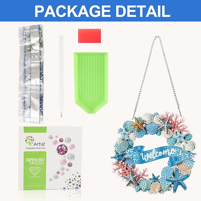 CEOVR Beach Hanging Diamond Art for Adults, Summer Seashell Diamond Painting Pendant DIY Welcome Sign Gem Art Wall Ornament, Acrylic Home Garden Decor with Chain, Box Kit 7.87×7.67inch