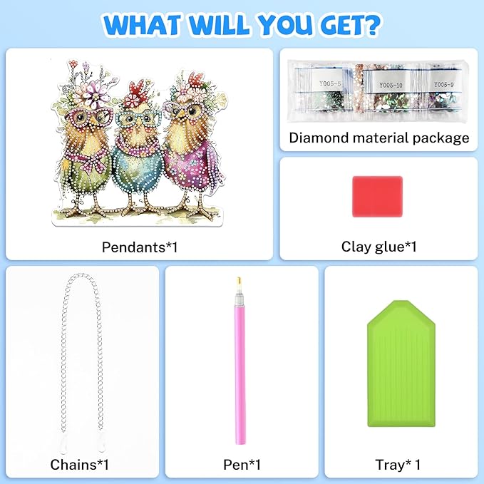 Bowetile Hanging Diamond Art Chicken Kits for Adults, 5D Special Shape Diamond Painting Chicken Kits, Animal Diamond Gem Art Suncatchers Painting Pendant Ornament for Home Garden Wall Decor