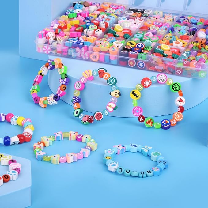 2880pcs Polymer Clay Beads Bracelet Making kit,Cute Fun Beads Sport Ball Fruit Flower Animal Cake Butterfly Heart Beads Charms for Jewelry Necklace Earring Making DIY Accessories for Children Girls