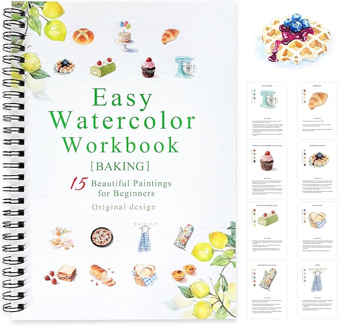 SLWBZ Watercolor Workbook Baking, 15 Different Patterns of Original DIY Designs, Beginner-Friendly Watercolor Workbooks, (Baking, Without Palette)
