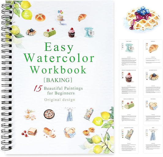 SLWBZ Watercolor Workbook Baking, 15 Different Patterns of Original DIY Designs, Beginner-Friendly Watercolor Workbooks, (Baking, Without Palette)