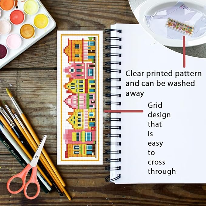 ORIGACH 6 Set Small Houses Cross Stitch Bookmark Kits for Beginner, Little Town Stamped Cross Stitch Kits with Instructions for Adults Bookmarks Lovers