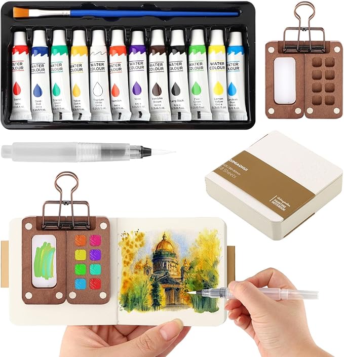 Mini Watercolor Paint Palette Set,Travel Watercolor Kit- 12 Color Paint with 8-Wooden Grid Palette,Mini Sketchbook & Brushes,Paint Palette Travel Kit for Students, Beginners