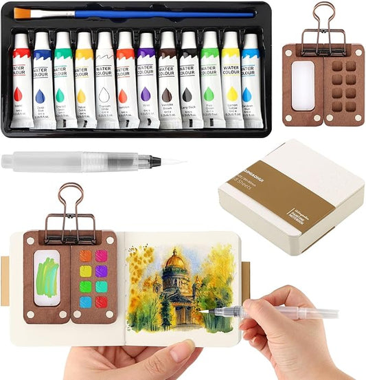 Mini Watercolor Paint Palette Set,Travel Watercolor Kit- 12 Color Paint with 8-Wooden Grid Palette,Mini Sketchbook & Brushes,Paint Palette Travel Kit for Students, Beginners