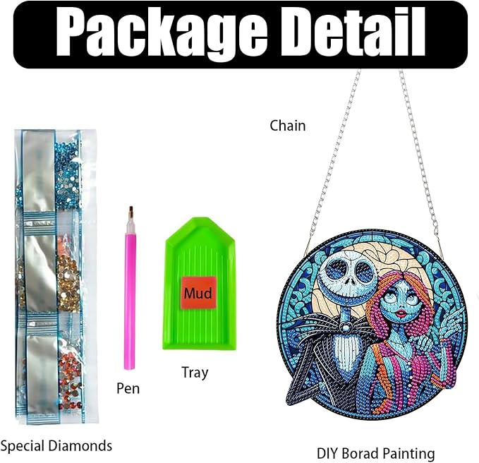DIY Diamond Art Hanging Kit for Adult,Hallween Acrylic Diamond Art Painting Window Pendants Home Garden Wall Ornament Kits,Jack and Sally