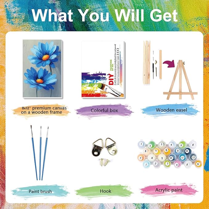 Easy Flower Paint by Numbers for Adults with Framed Canvas - with Wooden Easel, Flowers Paint by Number for Beginners, DIY Acrylic Oil Painting on Canvas with Brushes for Home Wall Decor (8x12 inch)
