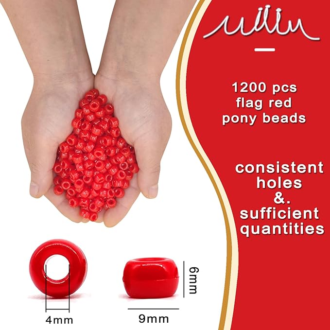 MIIIM 1200PCS 6x9mm Red Pony Beads Bulk, Kandi Beads for Bracelets Making Kit, Hair Braids Crafts for Jewelry Making (Flag Red)
