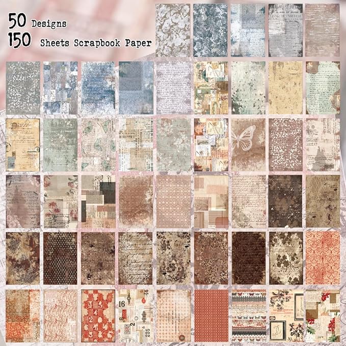 150 Sheets Vintage Scrapbook Paper, 3.7x5.5 Inch, 5 Assorted Set Antique Aged Decorative Background Paper for Junk Journals Supplies, Decoupage, Scrap Booking