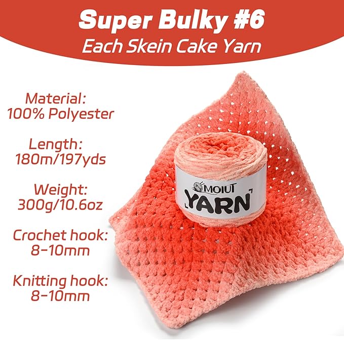 Blanket Perfect Ombre Cake Yarn - Baby Yarn for Crocheting Soft - 3 Pack of 10.6oz/300g - #6 Super Bulky - 197 Yards for Knitting, Crafts & Amigurumi, Chunky Chenille Yarn(3 Peach Blossom)