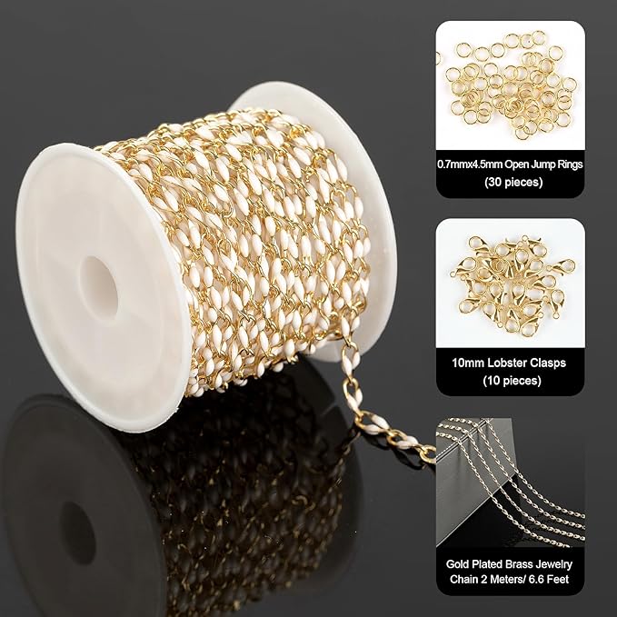 White Enamel Cable Chain Customize Necklace DIY Jewelry Chain Roll, 2 Meters Gold Plated Brass Chain with Jump Rings and Lobster Clasps