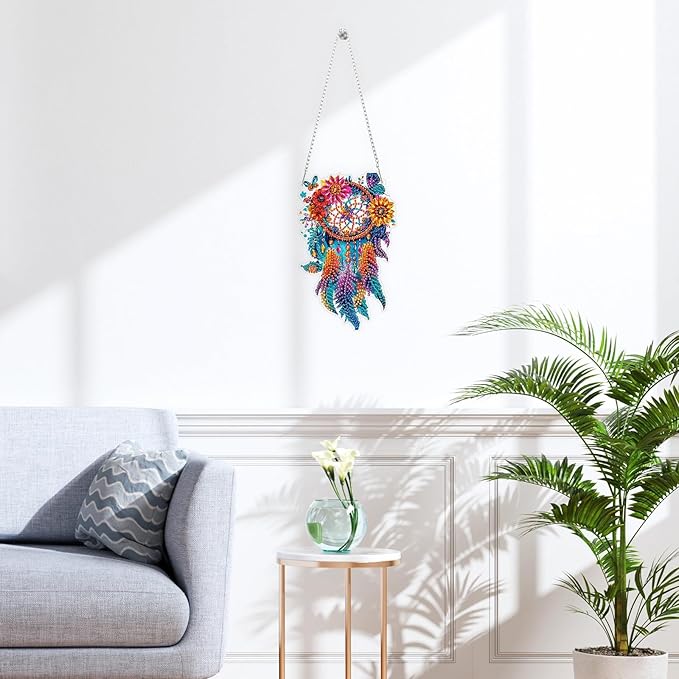 QENSPE Dreamcatcher Diamond Art Hanging Kits for Adults, 5D Special Shape Diamond Paingting Ornaments Kits with Chain, DIY Crystal Window Pendants for Home Garden Wall Decor Double Sided 8X8 inch