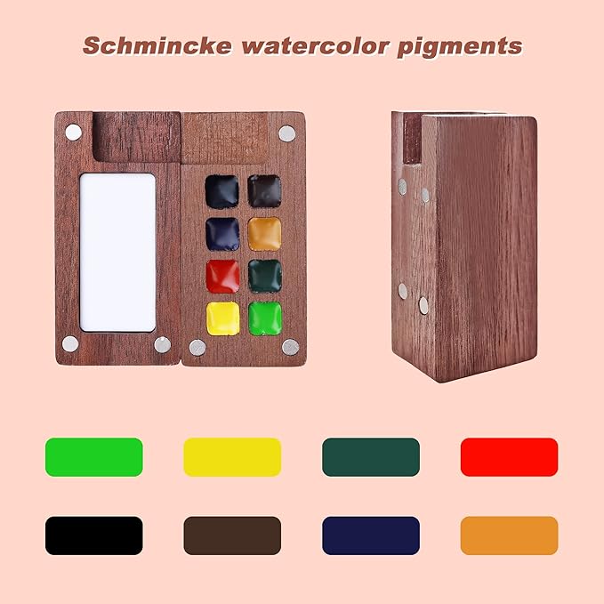 Mini Watercolor Paint Set, Portable Travel Art Kit with Wooden Palette, 8 Color Pigments, Watercolor Pad, Water Brush Pens and Accessories for Artists
